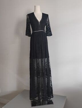 Black Lace Tiered Bell Sleeve V-Neck Long Dress